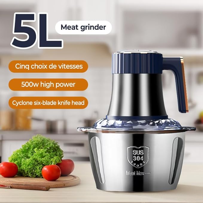 5L hachoir électrique, 5 vitesses hachoir à viande en acier inoxydable, 500W hachoir électrique avec 6 lames, Hachoir à viande pour viandes, légumes, fruits, oignons (5L) - Nail Gallerys