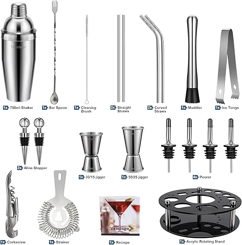 Vemingo Shaker à Cocktail Acier Inoxydable | Ensemble Barman 20 Pièces | Grand Coffret Cadeau - Nail Gallerys