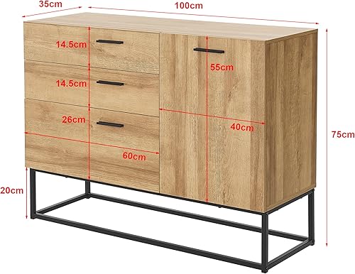 [en.casa] Buffet Style Industriel Commode pour Salon Entrée Chambre Meuble de Rangement avec Tiroirs et Étagère Fermée à Porte Métal Panneau de Particules 75 x 100 x 35 cm Noir Effet Chêne - Nail Gallerys