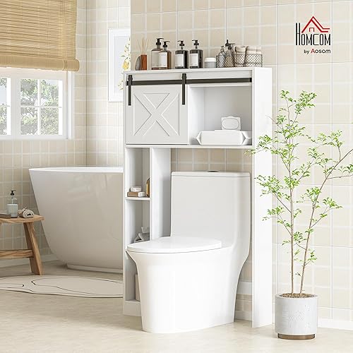 HOMCOM Meuble WC Dessus de Toilette Meuble Toilettes WC Rangement Armoire de Rangement de Salle de Bain avec Porte coulissante, Compartiments et étagère réglable, Blanc - Nail Gallerys