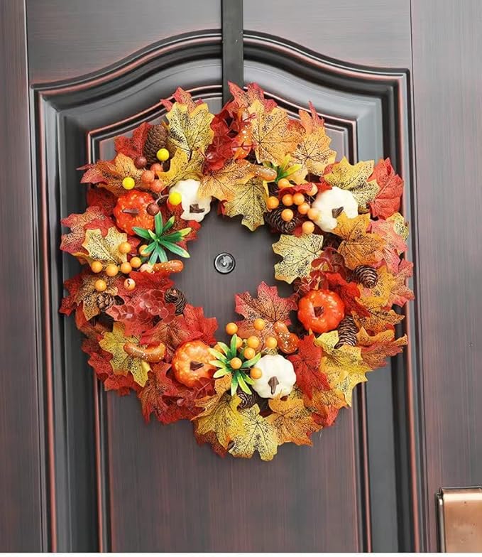 Couronne d'automne pour porte d'entrée, décorations d'Halloween, couronne de Thanksgiving avec citrouille, feuilles d'érable, baies, couronne de récolte d'Halloween (45 cm-B) - Nail Gallerys