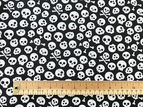 Oddies Tissu style Halloween en polyester et coton motif tête de mort et os - au mètre - Noir et blanc - Nail Gallerys