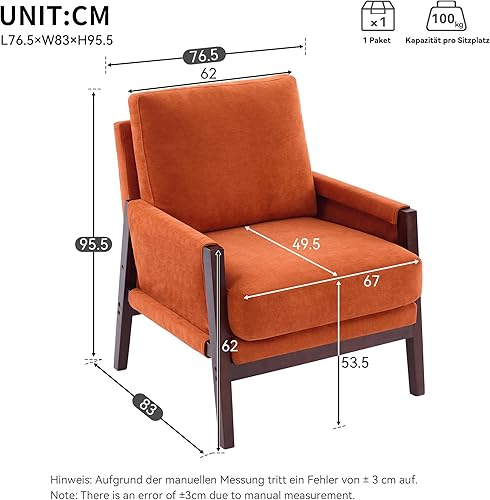 Fauteuil 1 place, fauteuil rembourré, fauteuil de lecture, fauteuil de salon, structure en bois massif, tissu chenille, convient pour chambre à coucher, salon, bureau, appartement (orange) - Nail Gallerys