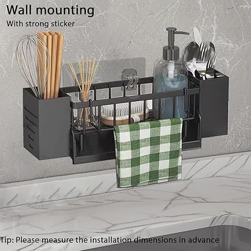 Organisateur d'évier de cuisine - Organiseur d'évier avec porte-torchons et boîte de rangement - Organiseur d'évier en métal avec égouttoir automatique - Peut être accroché au mur - Noir - Nail Gallerys