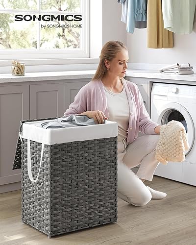 SONGMICS Panier à linge tissé à la main, panier à linge en rotin synthétique avec couvercle et poignées, pliable, sac de doublure amovible, blanc ULCB51WT - Nail Gallerys