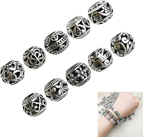 LUCKGONI Lot de 10 perles d'espacement de style tibétain à grand trou - Argent vieilli - Pour la fabrication de bijoux et les projets d'artisanat - Nail Gallerys