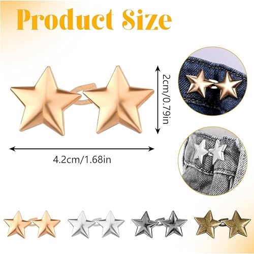 8 Paires d'Attaches Réglables pour Pantalons Boutons Étoilés (Or/Argent/Noir Brillant/Bronze) Serre-Taille sans Couture pour Jeans, Jupes – Clip Ajustable en Métal – Accessoire de Mode Polyvalent - Nail Gallerys