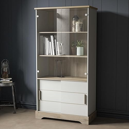 Vitrine Résistante A L’Eau En Bois Blanche 2 Portes Vitrées & 2 Portes Coulissantes – Coloris Chêne et Blanc – 92,7x45x79,7 cm - Nail Gallerys