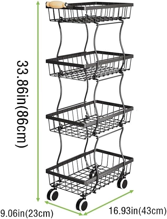 Panier à fruits à roulettes, support fin en fil métallique avec poignée en bois et roues pour cuisine, salon, chambre à coucher et salle de bain, étagère de rangement empilable - Nail Gallerys