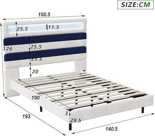 Lit 160x200 avec sommier, Lits 2 Personnes avec Lumières LED et Ports USB, Cadre de lit Double avec Tête de lit Rembourrée Réglable,Velours (sans Matelas) (Blanc et Bleu-172, 160 x 200 cm) - Nail Gallerys