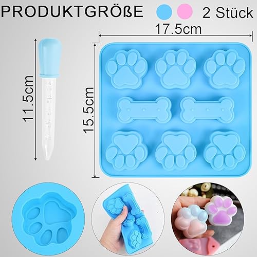 FLEXNOVA Lot de 2 tapis de cuisson pour biscuits pour chien - Tapis de cuisson en silicone - Pattes de chien et os - Moule en silicone avec 2 pipettes - Tapis de cuisson pour chien - Moule à glace - Nail Gallerys