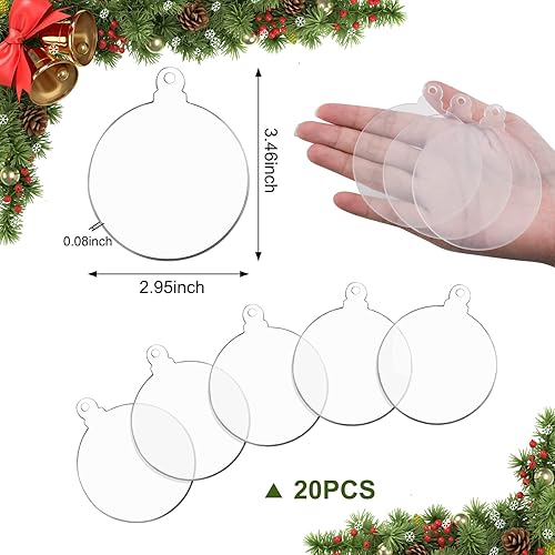 WANDIC Lot de 20 décorations de Noël Rondes en Acrylique Transparent avec Ruban Rouge - Disques Vierges pour Loisirs créatifs - Décoration de Sapin de Noël (Rond) - Nail Gallerys