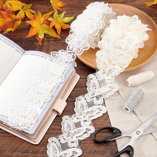 PH PandaHall 2 Styles 3.65m Blanc Papillon et Fleur Perle Dentelle Bordure 3D Broderie Ruban Garniture pour Couture Mariage Nuptiale Maison Décor 6/6.5cm de Large - Nail Gallerys