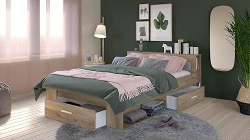 Demeyere Lit avec Rangement 140x190 Style Contemporain 3 Tiroirs – Coloris Chêne - 150,1 x 217,1 x 74,3 cm - Nail Gallerys