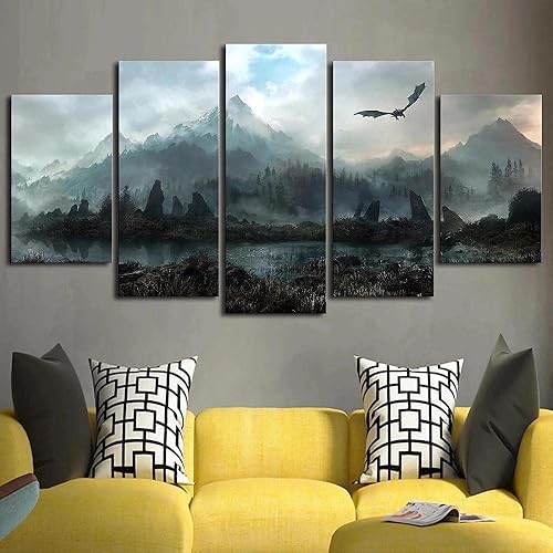 Wondbeau Impression Sur Toile Cinq Tableaux Consécutifs Décoration De Maison Moderne Peinture 5 Panneaux Abstraits Modulaire Poster Avec Cadre S/75cm×40cm Vallée Du Dragon,Dragon Skyrim - Nail Gallerys