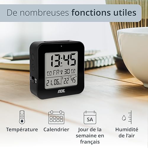 ADE Horloge numérique a Piles | reveil Radio piloté avec 2 Heures de réveil | Affichage de la température e humidité | réveil de Voyage | Fonction Snooze | Noir - Nail Gallerys