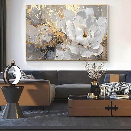 ZHAOLIN Grande impression sur toile florale moderne – Décoration murale élégante avec fleurs blanches et dorées pour salon, chambre, bureau, 70 x 100 cm, sans cadre - Nail Gallerys