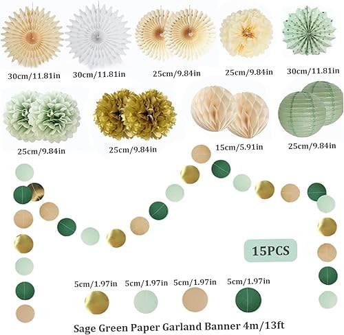 15 pièces décorations de fête vert sauge lanternes en papier pompons en papier et éventails en papier décorations de fête avec points de paillettes suspendus pour mariage douche nuptiale décoration de - Nail Gallerys