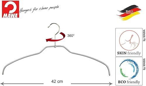 MAWA Cintres Light, Lot de 20, fin, 50% Économie d'espace, pour Chemises, Chemisiers et Textiles Délicats, Crochets Rotatifs à 360°, Revêtement Antidérapant, 42 cm, Argent - Nail Gallerys