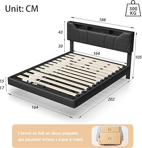 KRYZOR Cadre de Lit 140x200 cm avec Sommier, Lit Flottant 140x200 avec Rangement et Éclairage LED, Lits Coffre avec USB Port, Lits Double Capitonné, Structure Stable, Matériau PU (Noir, 140x200 cm) - Nail Gallerys