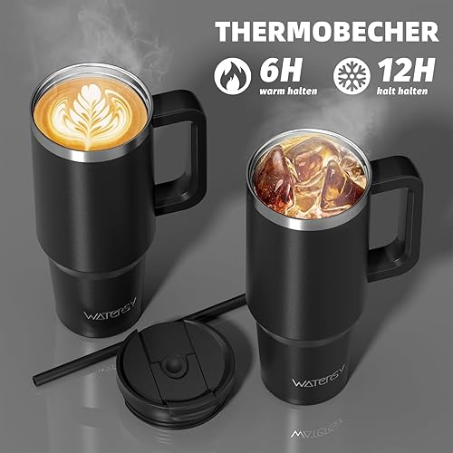 WATERSY Gourde Isotherme 1,2 L avec 2 Pailles, Gobelet à Café anti-Fuite, Isotherme Sous vide avec Couvercle à vis sans BPA, Gourde Rafraîchissante Pendant 12 Heures, Bleu marine - Nail Gallerys