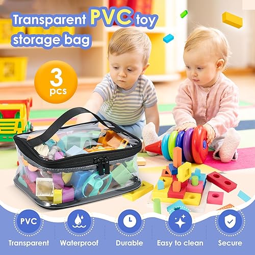 Lot de 3 sacs de rangement de jouets en PVC transparent avec fermeture éclair et poignée – Sacs de rangement réutilisables pour jeux de société, 21,6 x 15,2 x 8,9 cm, imperméables pour blocs de - Nail Gallerys