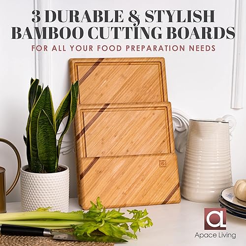 Planche a Decouper Bois Chorus en Bambou avec Rainure pour le Jus (lot de 3) - Planches à Découper Professionnelle de Luxe en Bois Biologique pour la Cuisine (Straight Chic Bamboo) - Nail Gallerys