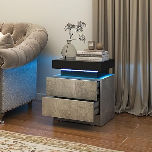 LIFEZEAL Table de Chevet LED, Table de Nuit avec 2 Tiroirs, 20 Couleurs de Lumière LED et Télécommande, Moderne pour Salon, Chambre à Coucher, 45 x 35 x 52 cm - Nail Gallerys