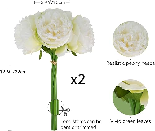 Tuocal Lot de 2 bouquets de pivoines artificielles en soie à tige unique pour mariage, maison, fête, centre de table, arrangement floral, hôtel, bureau, blanc crème - Nail Gallerys