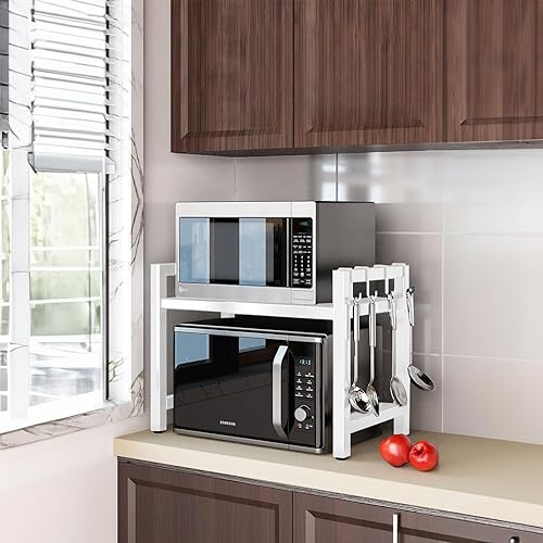 devesanter Étagère extensible pour micro-ondes à 2 niveaux avec 5 crochets, étagère de cuisine, étagère à épices, plan de travail, étagères de boulangerie, pour 40 à 64 cm, blanche - Nail Gallerys