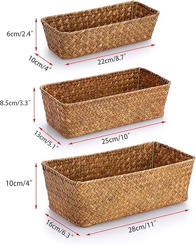 SUMtree Lot de 3 paniers de rangement rectangulaires en jonc de mer en rotin naturel pour étagère de maison (caramel) - Nail Gallerys