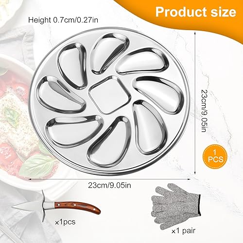 xianzhanEU 1 assiette à huîtres en acier inoxydable 8 fentes avec couteau à huîtres et gants, utilisable pour placer des huîtres, des coquilles Saint-Jacques - Nail Gallerys