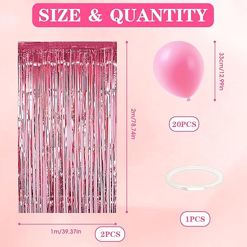 2 Pièces Rideau Frange Decoration Anniversaire Rose, PET Doré Foil Rideau Anniversaire, 2M Brillant Rideau Rose Deco Anniversaire, Rideau Fil Toile de Fond Anniversaire avec 20 Ballons Pink - Nail Gallerys