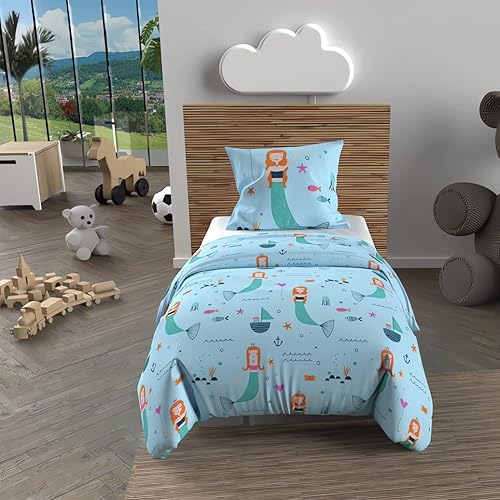 Soleil d'ocre, Parure Housse de Couette 120x150 cm SIRENES Bleu, 100% Coton 57 Fils/cm2 - Nail Gallerys