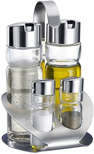 MGE - Set Huilier Vinaigrier avec Salière et Poivrière - 4 Pièces avec Support en Acier Inoxydable - Bouteilles en Verre Rechargeables Antigoutte - Élégant pour Cuisine et Table - Nail Gallerys