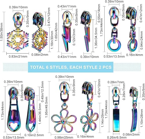 GORGECRAFT 12 pièce de 6 Styles de Tirettes de Fermeture Éclair Arc-en-Ciel Flocon de Neige Fleur Donut Cœur Rectangle Curseurs de Fermeture Éclair en Métal Tête de Fermeture Éclair en Alliage - Nail Gallerys