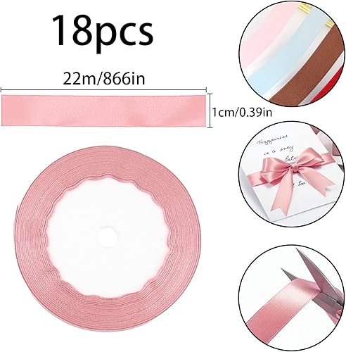 RYAN 18 Pièces Ruban Satin 10mm x 22m Ruban Couleur Mariage Ruban Tissu pour Bricolage Art & Artisanat Emballage Cadeau Ballons Nœuds Décoration (18 Couleurs) - Nail Gallerys