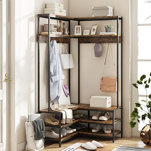 Giantex Porte-Manteau d’Angle avec Banc, Portant à Vêtements 4 en 1 Autoporant en Bois et Métal avec 5 Étagères, 7 Crochets, 90 x 90 x 178 CM, Meuble d’Entrée pour Coin, Salon, Chambre - Nail Gallerys