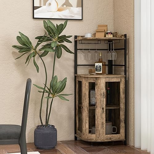 GOPLUS Armoire à Vin d'angle Style Industrielle avec Étagère Réglable et Porte en Maille, Meuble de Rangement avec Porte-Verre à Vin, Armoire de Rangement sur Pieds pour Bar, Cuisine, Salon - Nail Gallerys