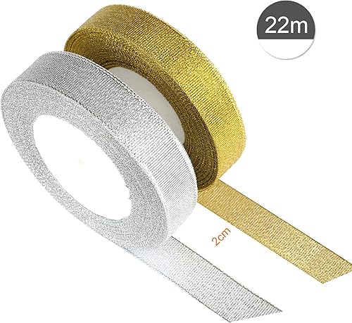 Kesote Lot 2 Rouleaux Ruban Organza Or et Argent, 22M x 20MM Rubans Décoratifs Paillettes pour Emballage Cadeau - Nail Gallerys