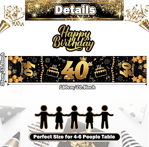 Chemin de table 80e anniversaire - Noir et doré - Chemin de table pour 80e anniversaire - Pour homme et femme - Décoration de table pour la maison, la cuisine, l'extérieur et l'intérieur - 180 x 35 cm - Nail Gallerys