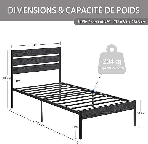 VECELO Cadre de lit 90 x 200 cm, avec Tête de lit en Bois, Support à Lattes en Métal Solide, Rangement sous Le Lit, Assemblage Facile, Noir - Nail Gallerys