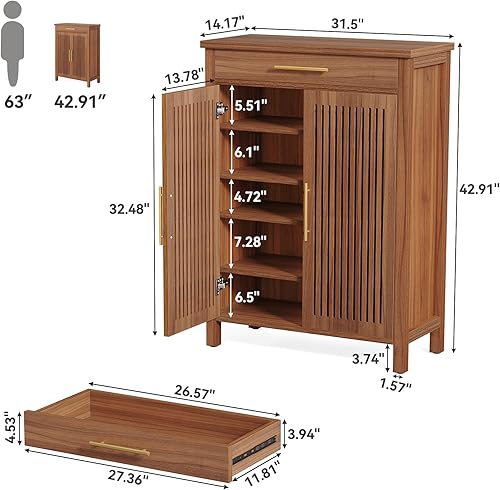 Tribesigns Armoire à chaussures étroite à 5 étages avec portes à lamelles et tiroir, étagère à chaussures réglable en bois pour entrée, couloir, penderie, 80 x 36 x 110 cm, marron - Nail Gallerys