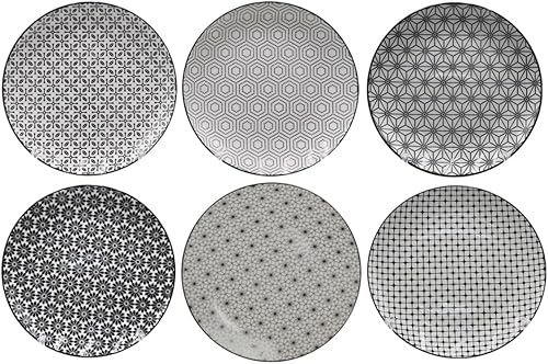 Ard'time - Lot de 6 Assiettes, Assiettes à Motifs, Assiettes Noires et Blanches, Vaisselle Chic, Assiettes Plates, Assiettes en Porcelaine, Design 2, Collection KOMAE - Nail Gallerys