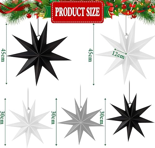 ZQEJEFD Lot de 5 Étoiles en Papier pour Décoration de Noël - 30cm x 3 + 45cm x 2 - Suspendre au Plafond - Ornement pour Fête (Noir Blanc Gris) - Nail Gallerys