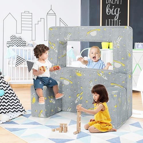 GOPLUS Canapé Convertible 3 en 1 pour Enfants avec 2 Poufs, Motifs Sympas, Canapé Pliable 2 Places Rembourré avec Dossier et Accoudoirs Ergonomiques, Chambre, 107x52x41,5cm, Gris - Nail Gallerys