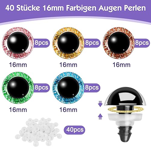 Sheryl&Rain 40 Pcs Yeux de Securite Amigurumi, 5 Colorés Yeux Amigurumi Kit 16mm, Yeux de Poupée en Plastique avec Rondelles, Yeux Crochet pour Poupées en Peluche, Poupées au Crochet, Artisanat - Nail Gallerys