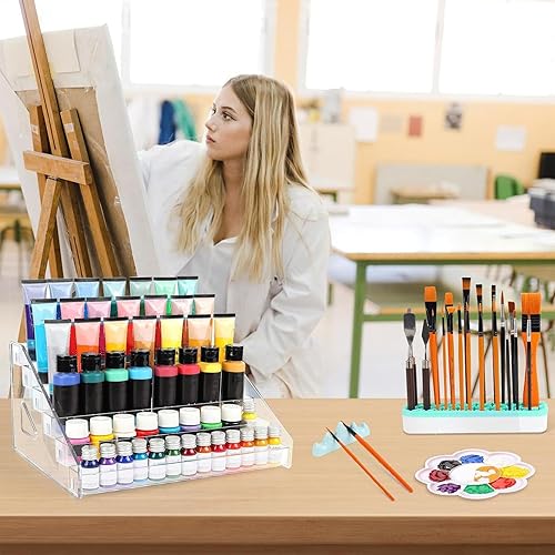 Ynnhik Organisateur de peinture - Étagère de rangement pour bouteilles de peinture acrylique - Support de rangement avec porte-pinceaux - Kit d'organisation pour tubes de peinture acrylique - Nail Gallerys