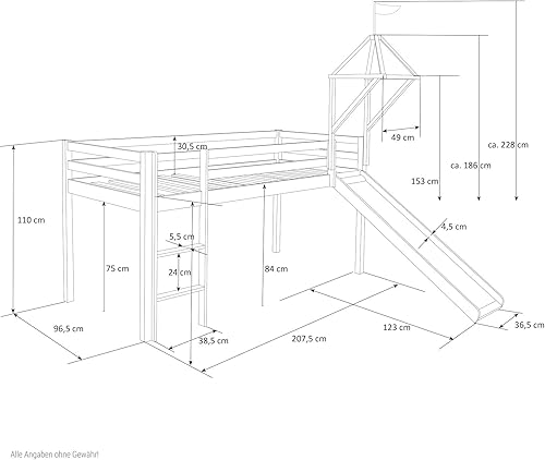 Homestyle4u 521, lit loft pour Enfants avec Toboggan, échelle, Tour, Rideau Bleu, Bois de pin Massif Blanc, 90x200 cm - Nail Gallerys