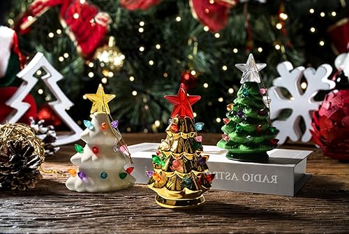 B SEPOR Lot de 3 mini sapins de Noël nostalgiques en céramique à DEL de 11,4 cm avec lumières – Décorations à suspendre – Blanc, doré, vert – Assortiment pour décoration de vacances et cadeaux - Nail Gallerys